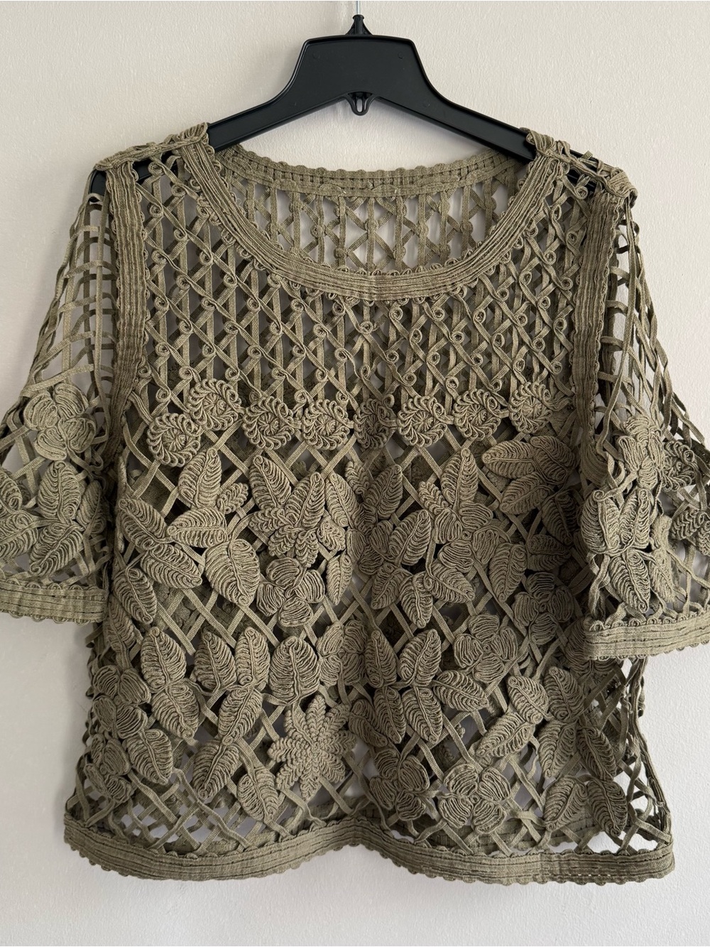 Boxy Olive Green Crochet Lace Knit Floral Tunic Top Tee Blouse Women Size M